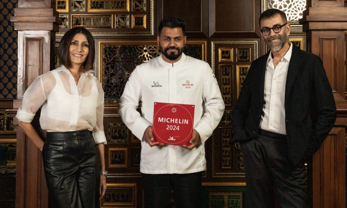 Musaafer owners Shammi and Mithu Malik and Chef Mayank Istwal with their Michelin honor