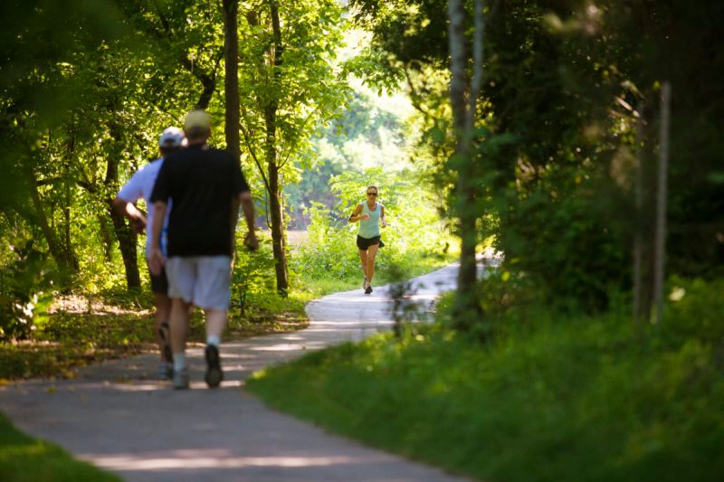 people walk and hike along a shady trail in houston, texas